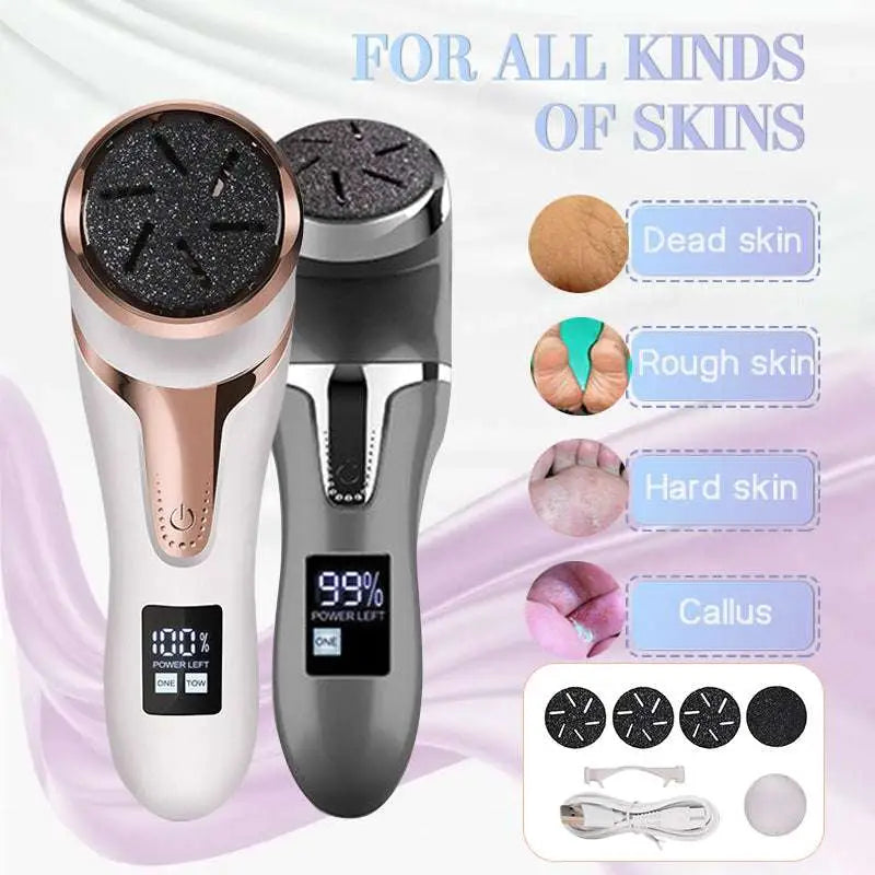 Two electric foot scrubbers with silver lcd digital screens showing power levels in rose gold and silver-gray colors