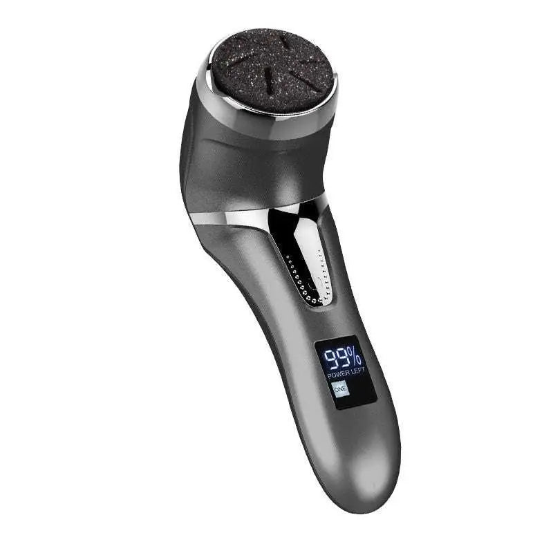 Sleek matte black and silver lcd digital electric foot file with a textured dark gray exfoliating head for foot care