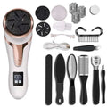 Rose gold and white electric foot file with silver lcd digital display metal blades and interchangeable black scrubbing heads