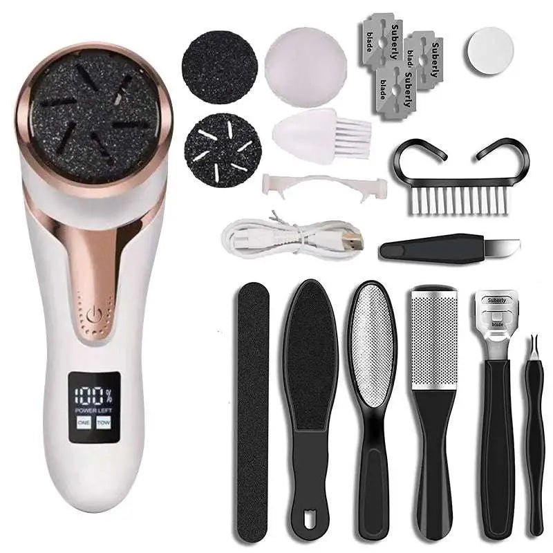 Rose gold and white electric foot file with silver lcd digital display metal blades and interchangeable black scrubbing heads