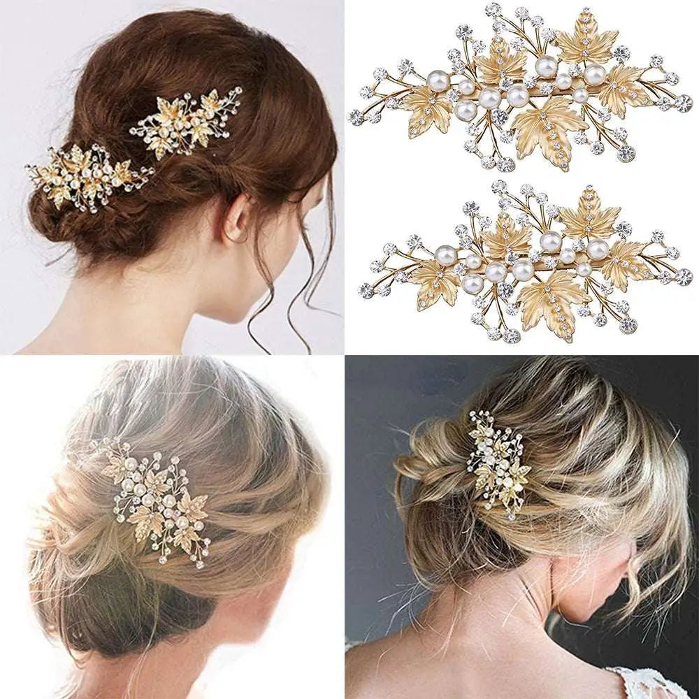 Gold-toned leaf crystal pearl floral duck bill hair clip featuring floral design with pearls and clear crystals