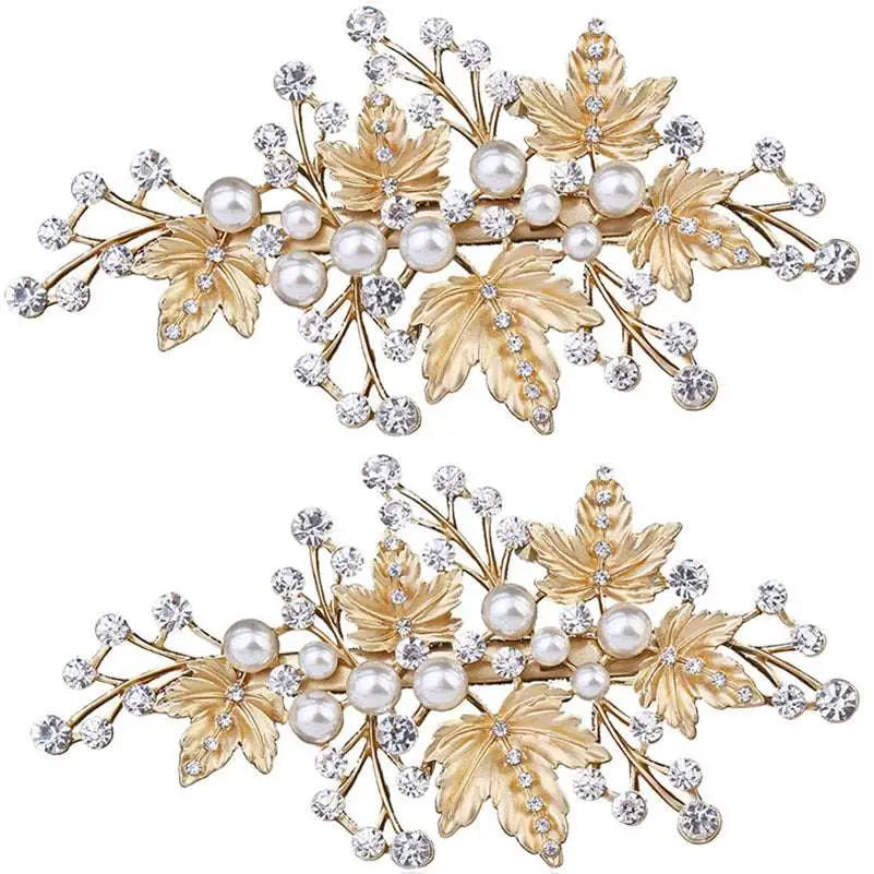 Gold-toned leaf crystal pearl floral duck bill hair clip featuring floral design with pearls and clear crystals