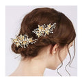 Gold-toned leaf crystal pearl floral duck bill hair clip adorned with pearls and clear crystals for elegant styling