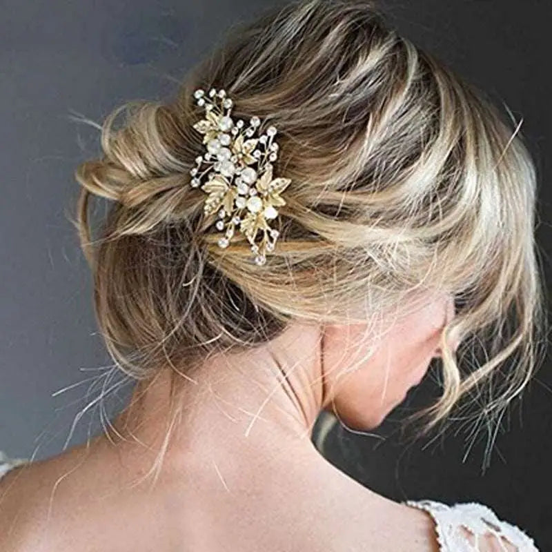 Gold-toned leaf crystal pearl floral duck bill hair clip with delicate pearls and clear crystals in a floral design