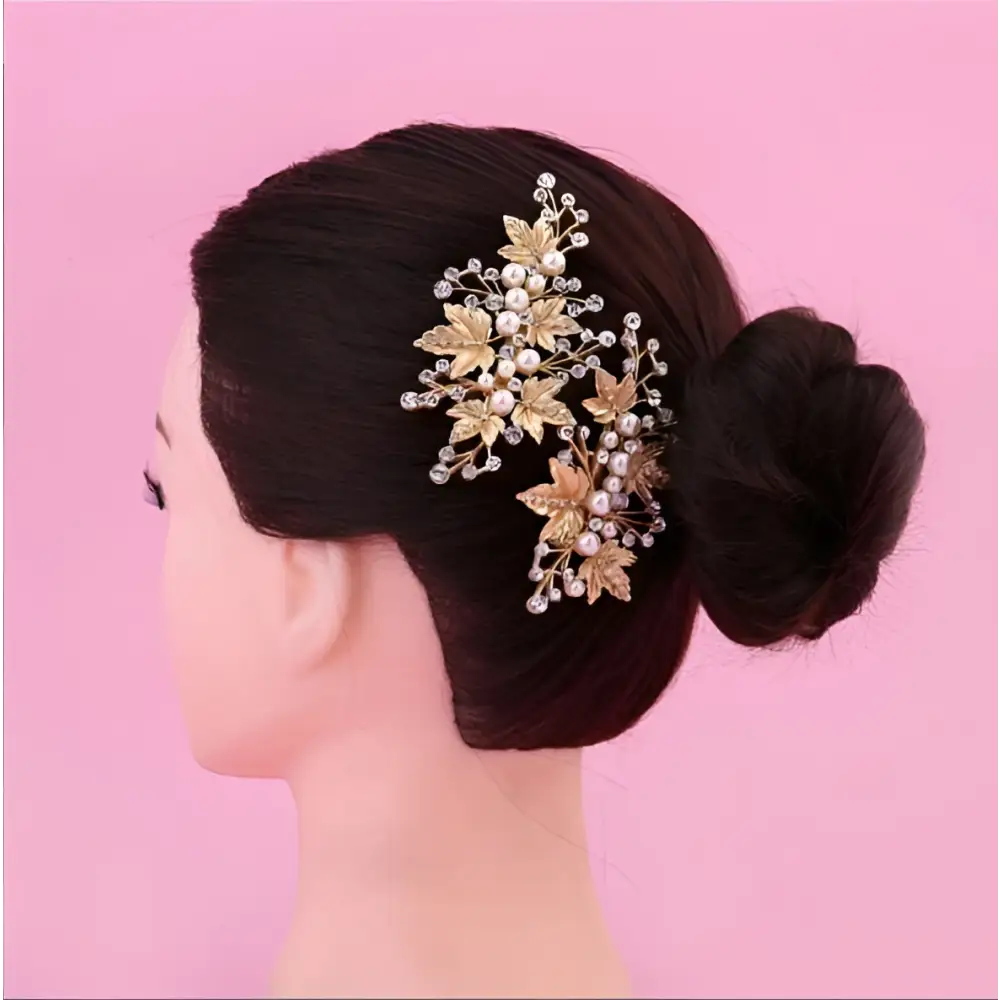Gold-toned leaf crystal pearl floral duck bill hair clip adorned with pearls and clear crystals for elegant styling