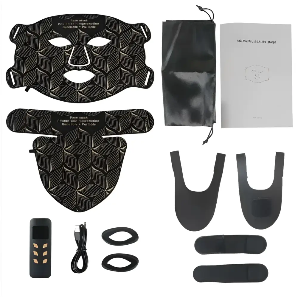 Black rejuvenation beauty apparatus face mask with gold leaf pattern and adjustable straps for skin texture improvement
