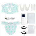 Light blue leaf pattern led face mask with white elastic straps and matching portable control unit for skin texture rejuvenation beauty apparatus