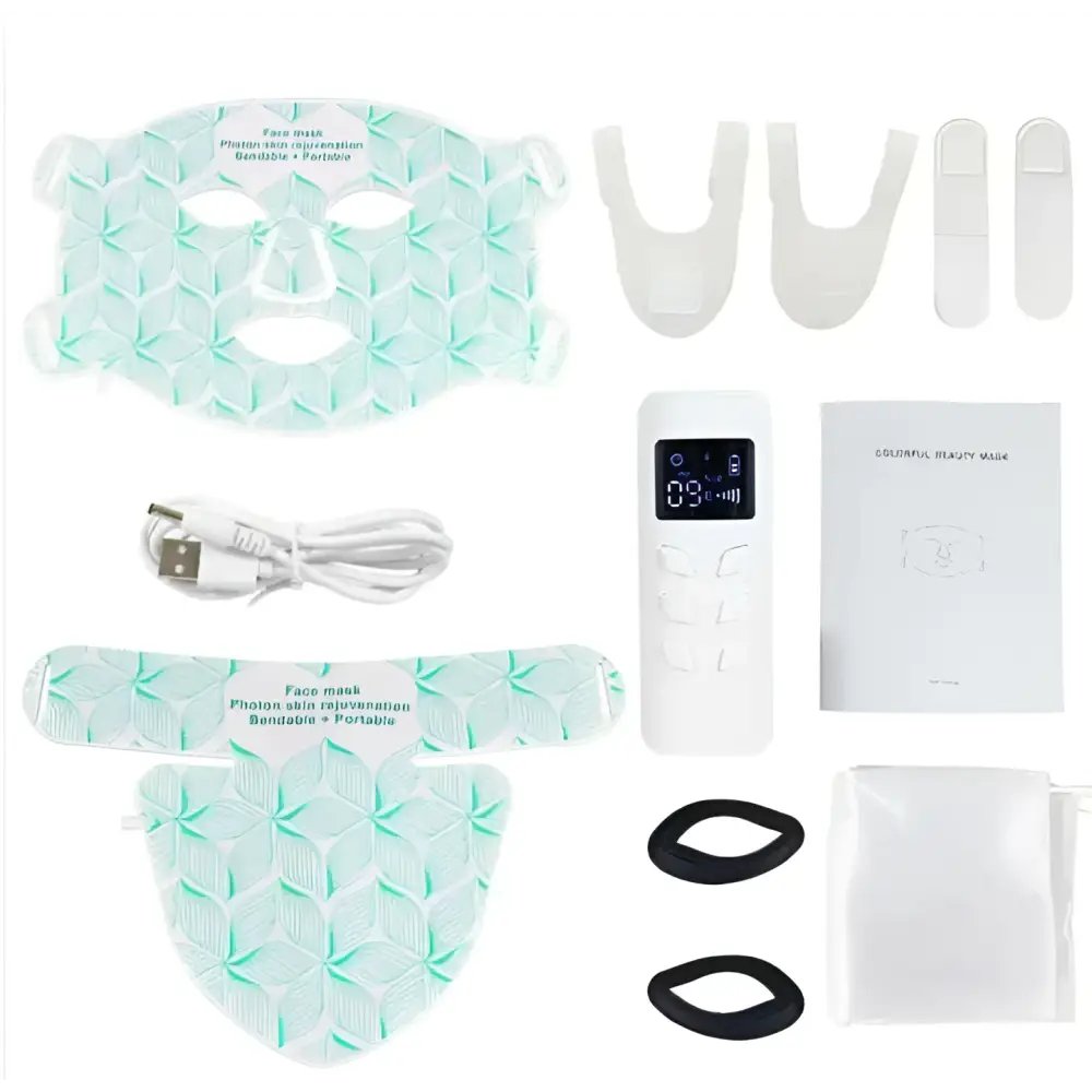 Light blue leaf pattern led face mask with white elastic straps and matching portable control unit for skin texture rejuvenation beauty apparatus