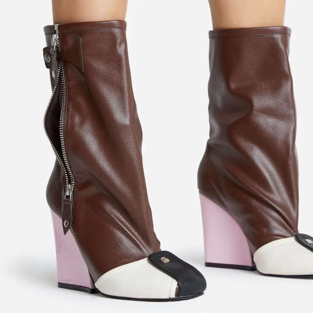 Brown leather wedge high heel short tube boots with pink wedge heel and white and black toe cap detail