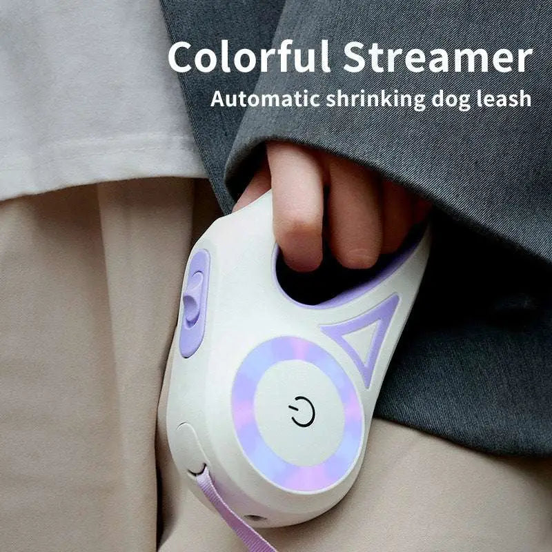 Led dog leash retractable in white and purple with glowing power button and triangular design accents for small medium dogs