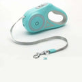 Led dog leash retractable in light blue with silver metallic traction rope and turquoise clip for small medium dogs