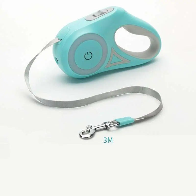 Led dog leash retractable in light blue with silver metallic traction rope and turquoise clip for small medium dogs