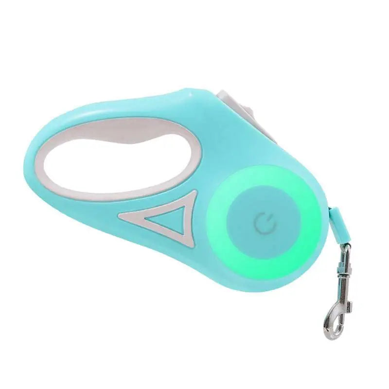 A sleek light blue led dog leash retractable with glowing green button and silver accents for small medium dogs