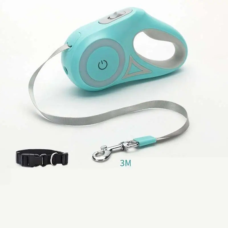 A sleek light blue led dog leash retractable with silver metallic traction rope and matching handle accents for small medium dogs