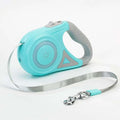 Led dog leash retractable in teal and gray with power button, silver fabric traction rope, and metal clasp for dogs
