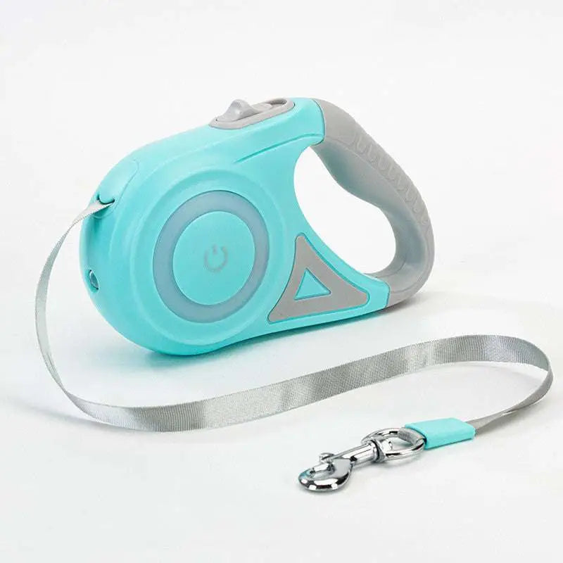 Led dog leash retractable in teal and gray with power button, silver fabric traction rope, and metal clasp for dogs