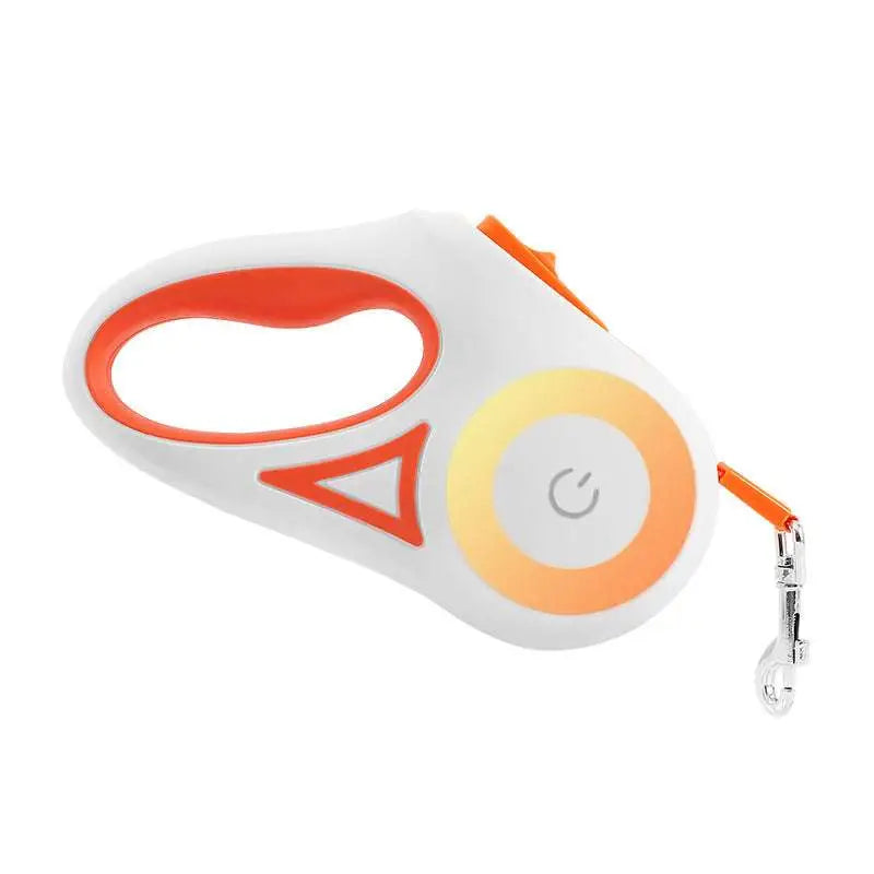 White and orange led dog leash retractable with circular power button and traction rope for small medium dogs use