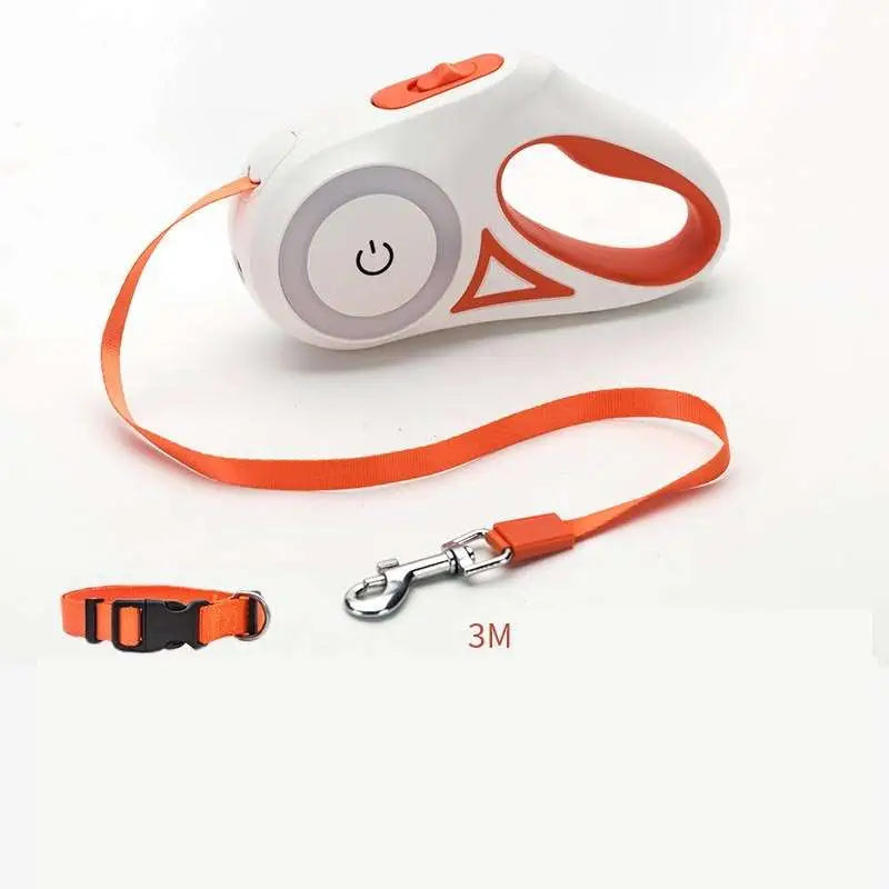 White and orange led dog leash retractable with power button metal clasp and matching collar for small medium dogs