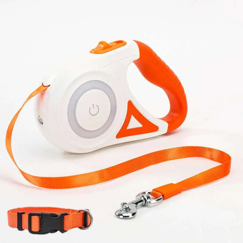 Orange and white led dog leash retractable with power button and triangular design paired with matching collar and metal clasp