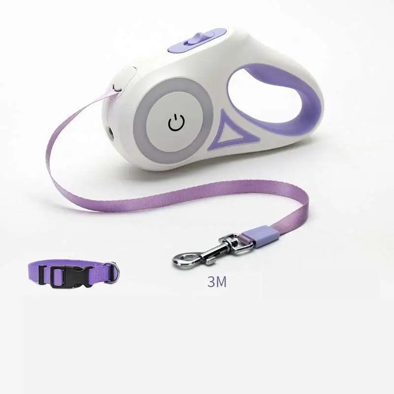 Led dog leash retractable in purple and white with power button, matching collar, and 3-meter traction rope for dogs