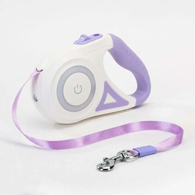 Purple and white led dog leash retractable with power button, sleek plastic body, and satin-finish traction rope strap