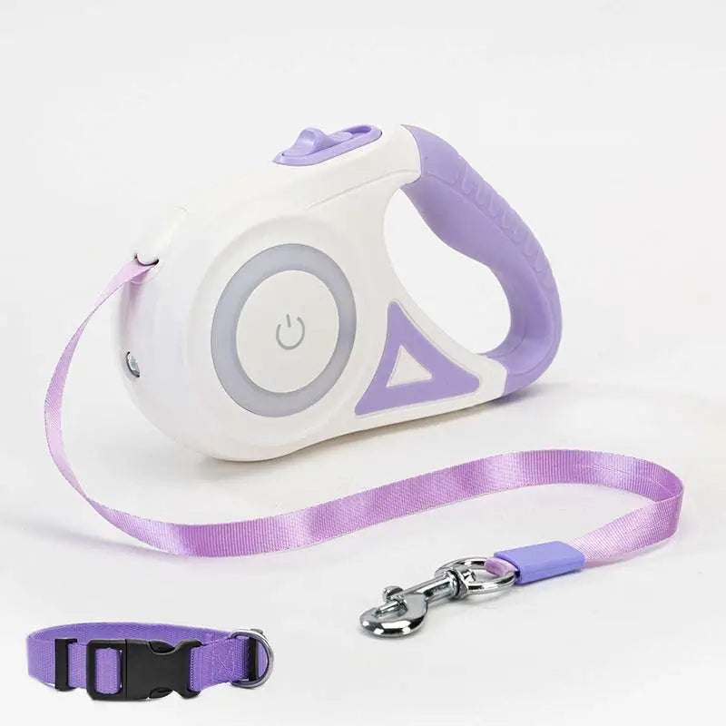 Led dog leash retractable in purple and white with built-in power button and matching traction rope strap for small medium dogs