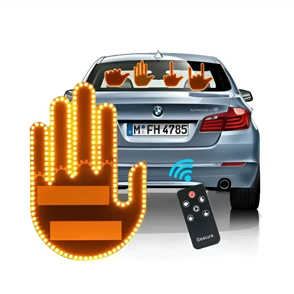 Glowing orange led hand shape car signal lights with illuminated fingers and palm for vehicle safety rear marker light