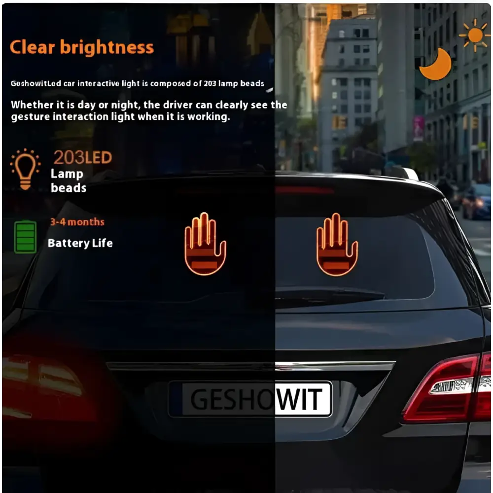 Back view of geshowit led hand shape orange car signal lights with 203 lamp beads forming glowing hand gesture