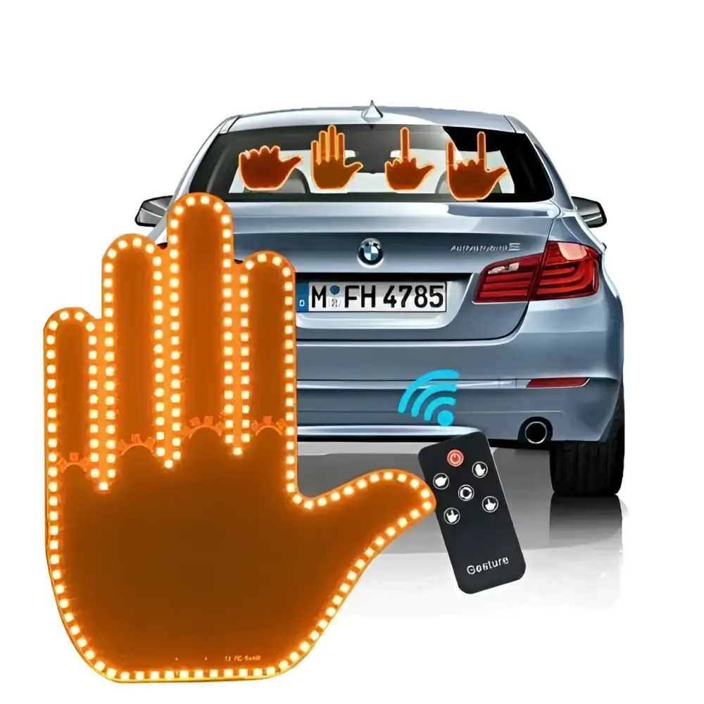 Orange led hand shape car signal lights showing illuminated rear view with remote control for vehicle safety
