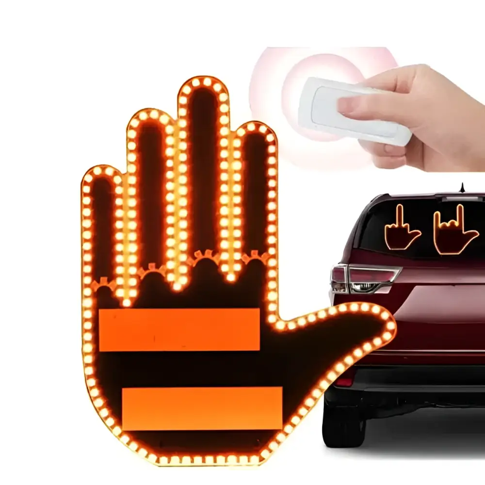 Led hand shape orange car signal lights with glowing edges and two horizontal stripes for vehicle decoration