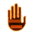A glowing orange led hand shape car signal light with illuminated fingers and two rectangular panels on the palm