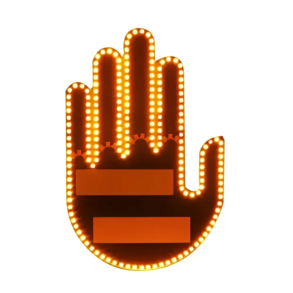 A glowing orange led hand shape car signal light with illuminated fingers and two rectangular panels on the palm