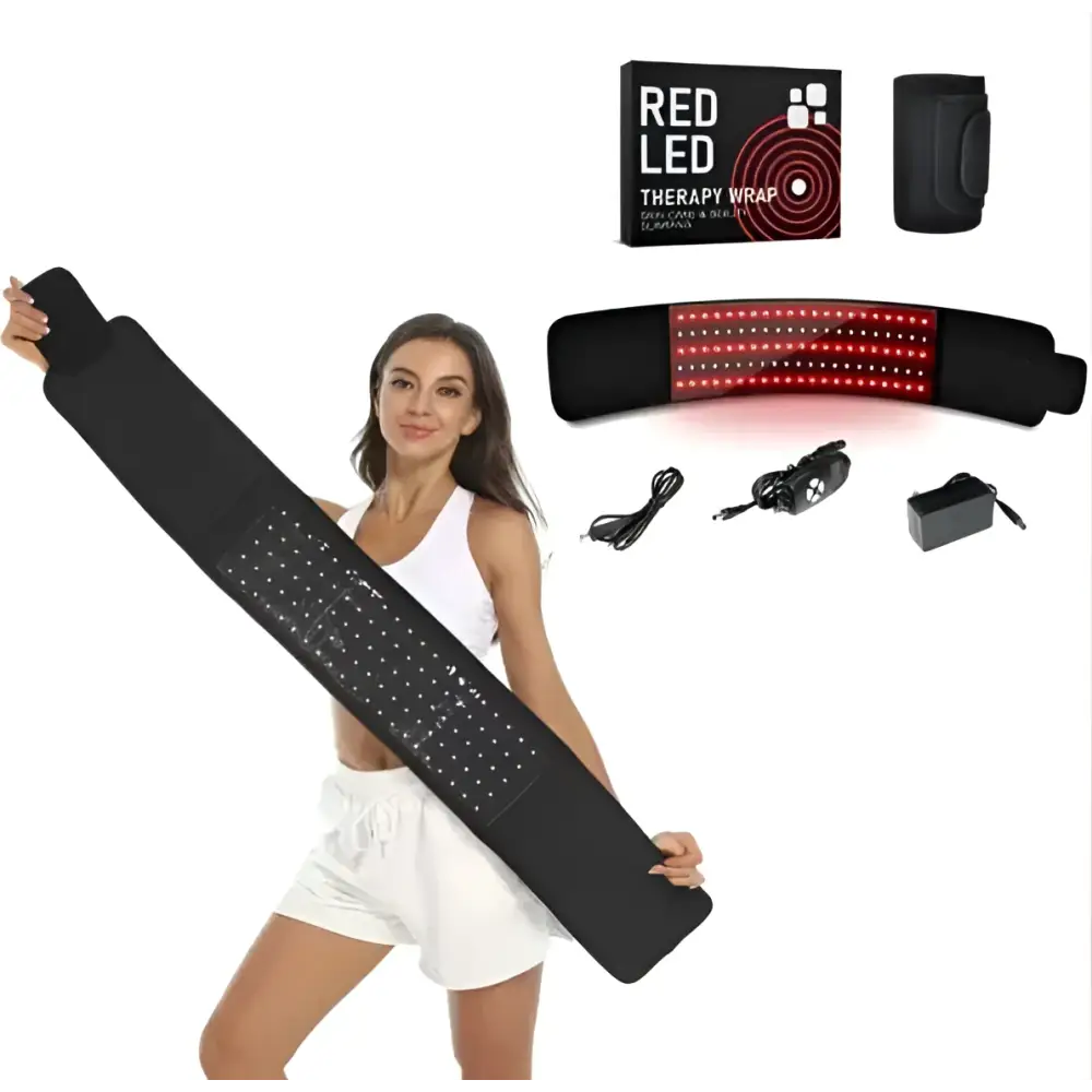 Black red led infrared belt therapy device with flexible adjustable design and embedded infrared heating red diodes for body treatment