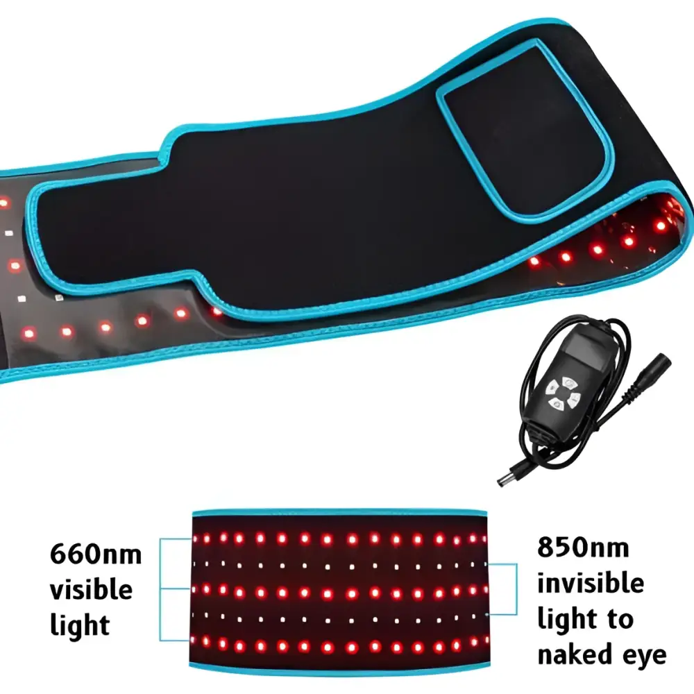 Black led infrared belt therapy device with turquoise trim and red infrared heating red diodes for skin treatment