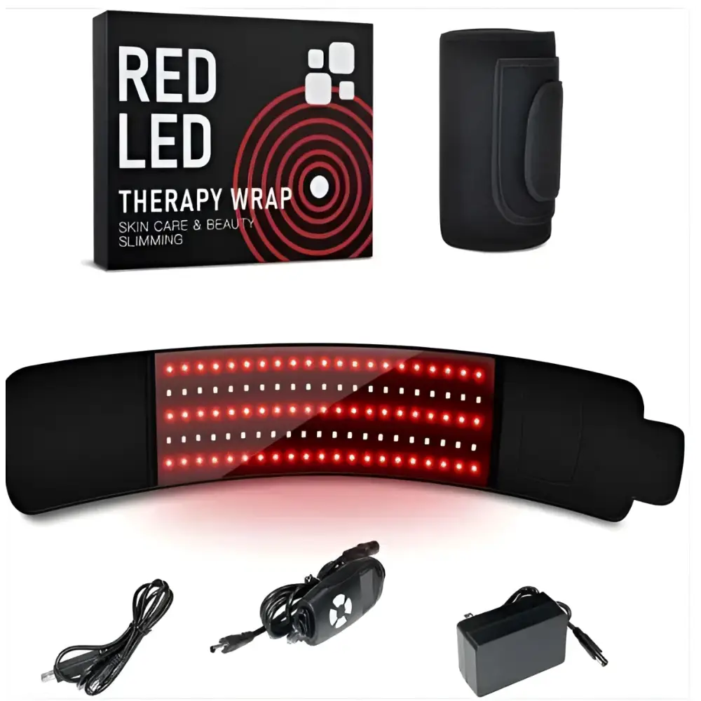 Black red led infrared belt therapy device with flexible silicone band and glowing infrared heating red light panel