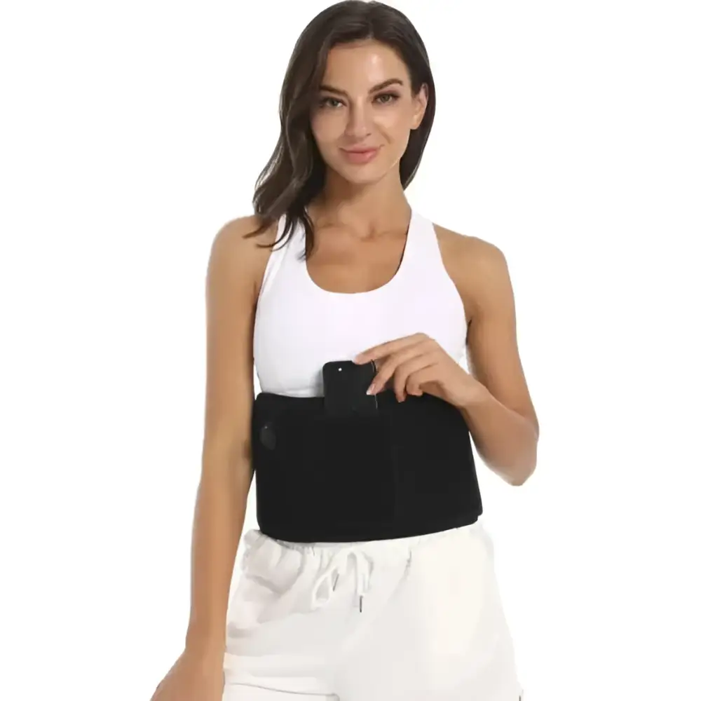 Black led infrared belt therapy device with front pocket holding smartphone for infrared heating red support