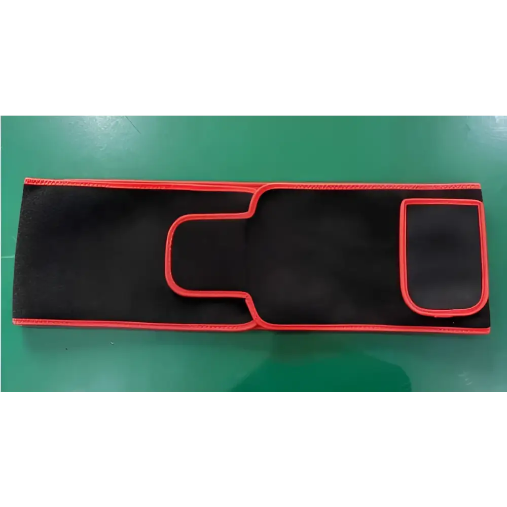 Black waist trainer led infrared belt with red stitched trim and cut-out sections for belt therapy device use