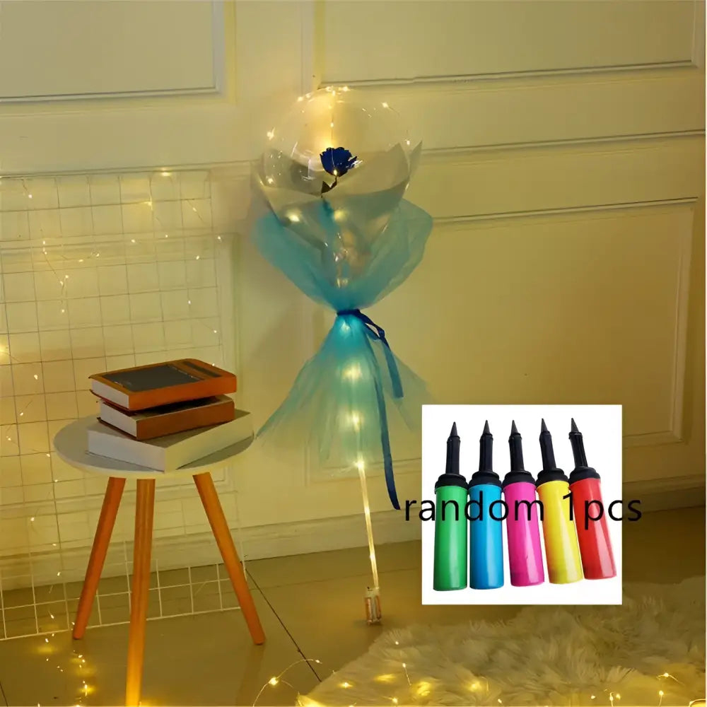 Transparent bobo ball luminous balloon rose bouquet with blue flowers and led lights wrapped in light blue tulle and dark blue ribbon