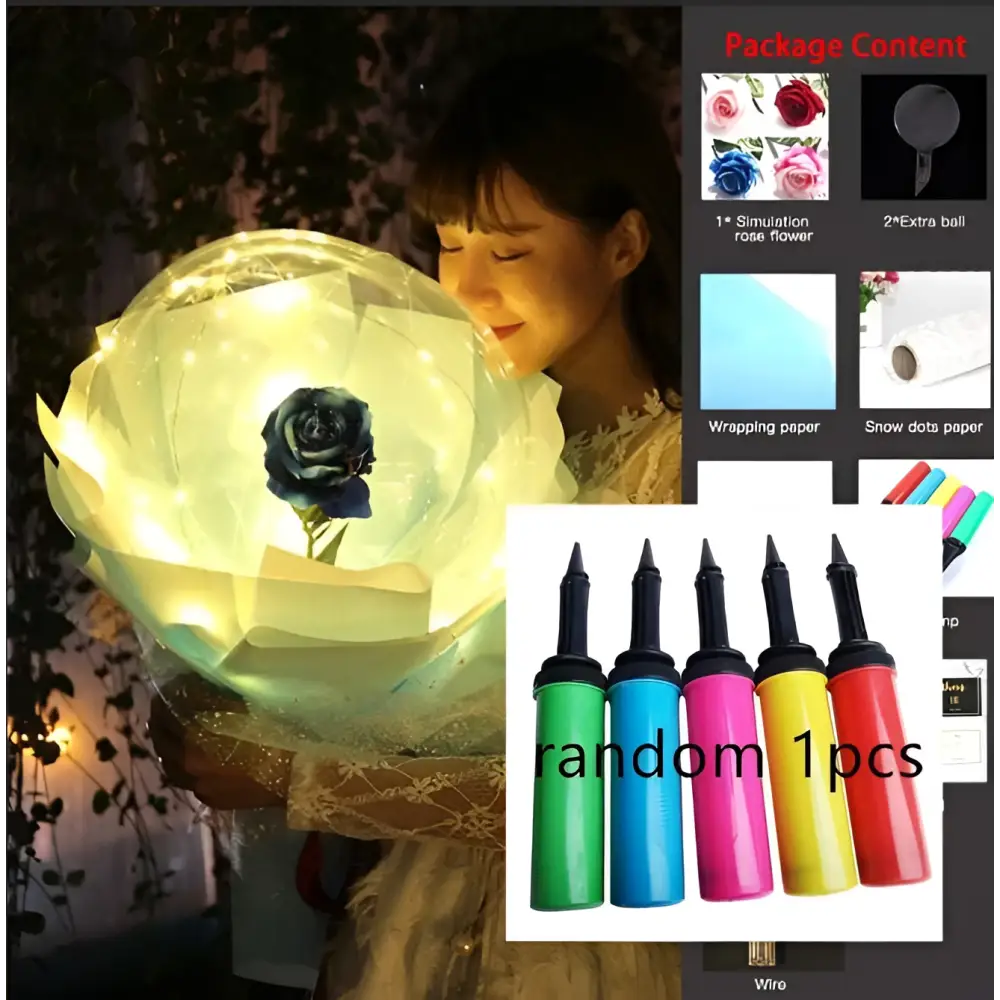 A glowing translucent spherical transparent bobo ball with a black simulation rose in a luminous balloon rose bouquet