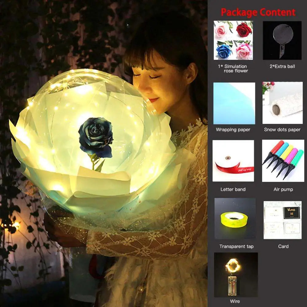 A glowing translucent transparent bobo ball with a dark blue luminous balloon rose bouquet at its center