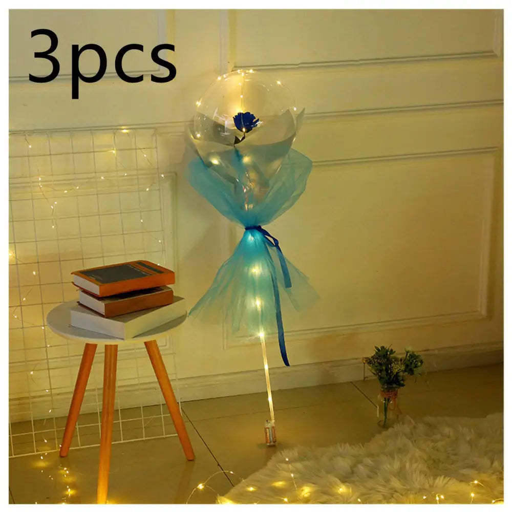 Transparent bobo ball luminous balloon rose bouquet with blue roses and warm led lights inside for decoration