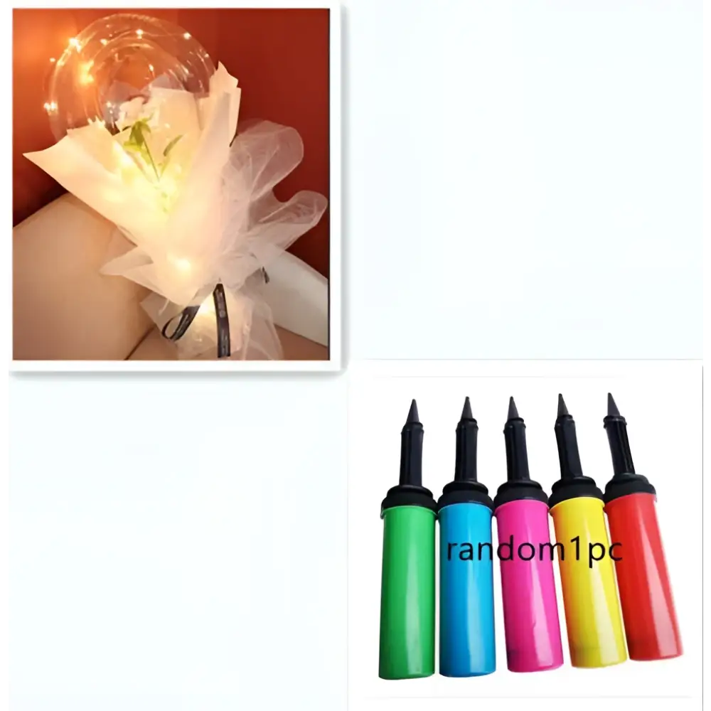 A glowing translucent transparent bobo ball luminous balloon rose bouquet filled with warm lights and wrapped in white tulle