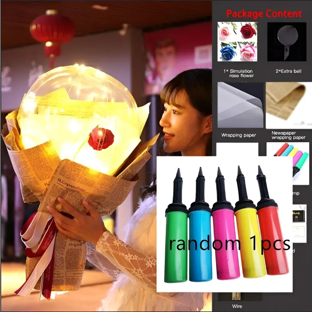 A glowing luminous balloon rose bouquet featuring a red rose inside a transparent bobo ball wrapped in brown paper