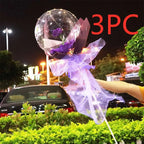 Transparent bobo ball luminous balloon rose bouquet featuring a single purple rose wrapped in sheer lavender tissue paper