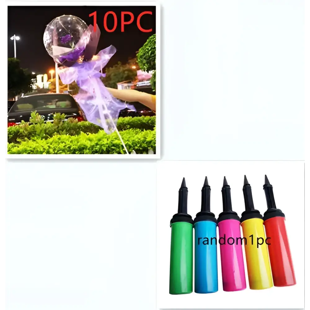 Colorful handheld balloon pump with black nozzle and grip for inflating luminous balloon rose and transparent bobo ball bouquets