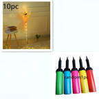 A set of five colorful cylindrical hand pumps with black nozzles for inflating luminous balloon rose bouquet transparent bobo ball