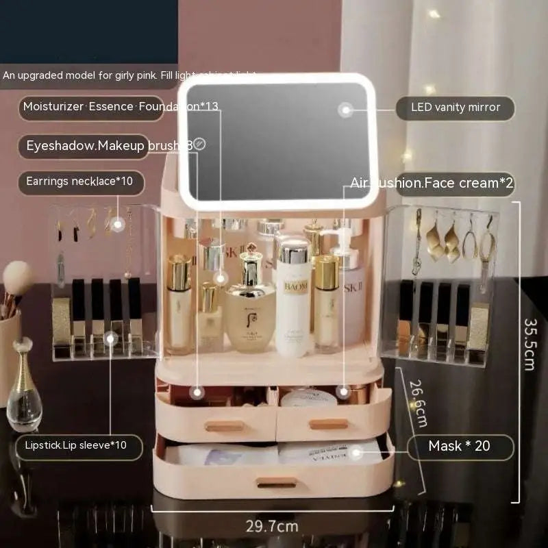 Pink plastic cosmetics storage box with built-in cosmetic mirror led light and clear acrylic side compartments