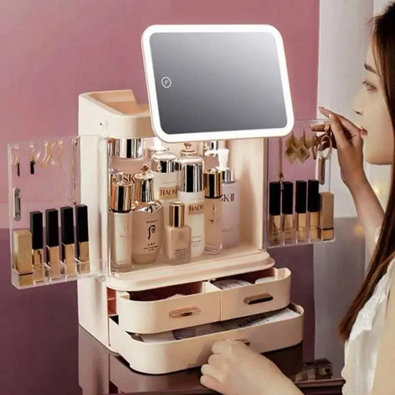 Mirror Integrated Light Desktop Large Capacity Lipstick Skin Care Products Cosmetics Storage Box Button Full Cup Plus Size Bra Without Wi Royalessencelux