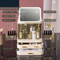Cream-colored three-tiered cosmetics storage box with wooden handles and built-in cosmetic led mirror for van gogh green