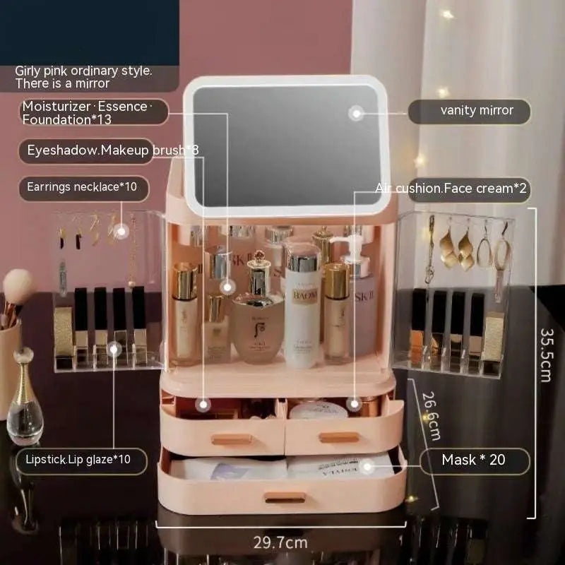 Pastel pink multi-tiered cosmetics storage box with built-in cosmetic mirror led light and clear acrylic compartments